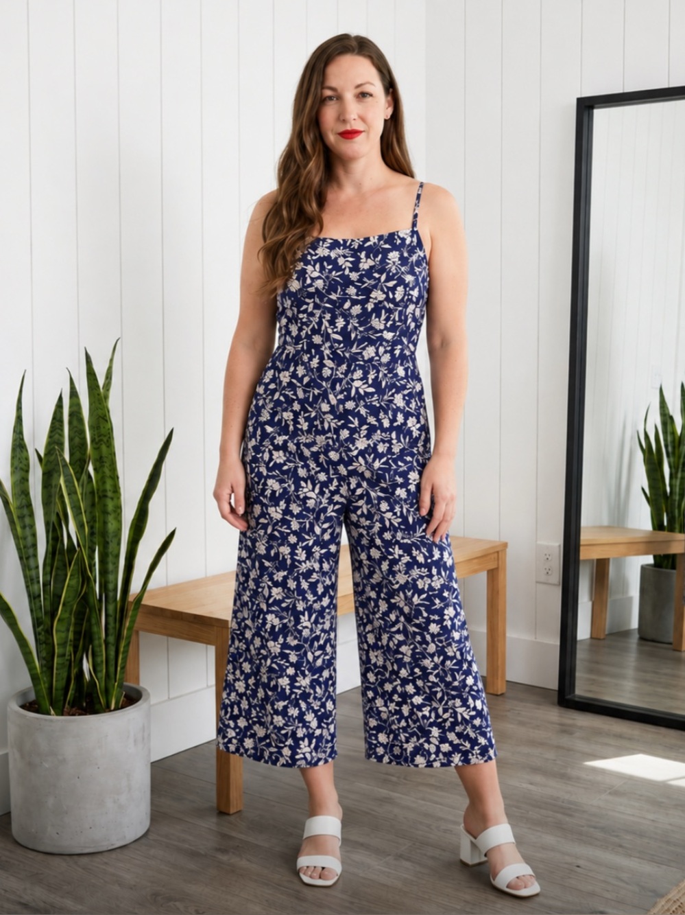 Old Navy XL Petite Navy Floral Rayon Wide Leg Cropped Jumpsuit